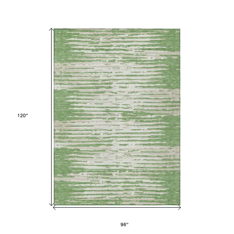 8' X 10' Green And Ivory Striped Washable Indoor Outdoor Area Rug