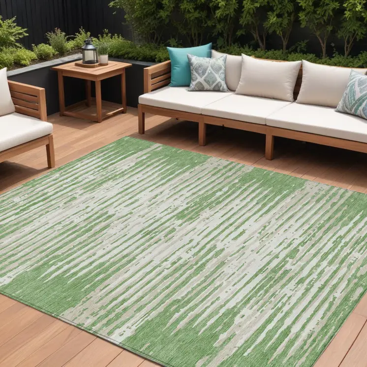 8' X 10' Green And Ivory Striped Washable Indoor Outdoor Area Rug