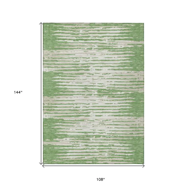9' X 12' Green And Ivory Striped Washable Indoor Outdoor Area Rug