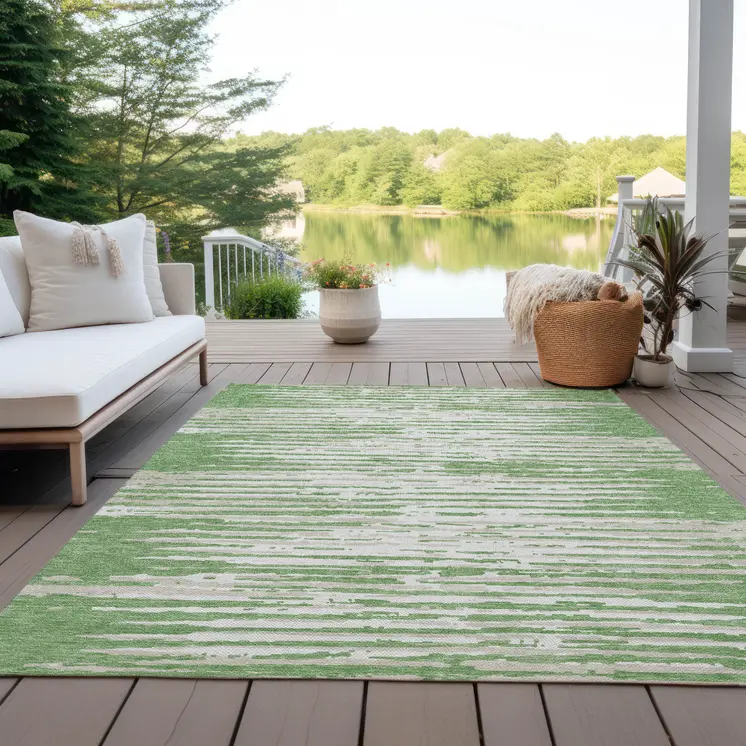 9' X 12' Green And Ivory Striped Washable Indoor Outdoor Area Rug