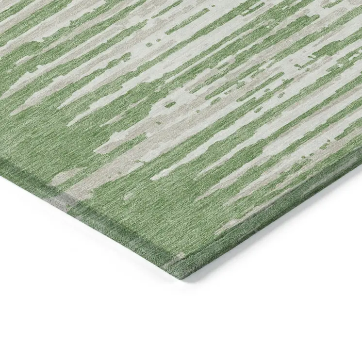 9' X 12' Green And Ivory Striped Washable Indoor Outdoor Area Rug