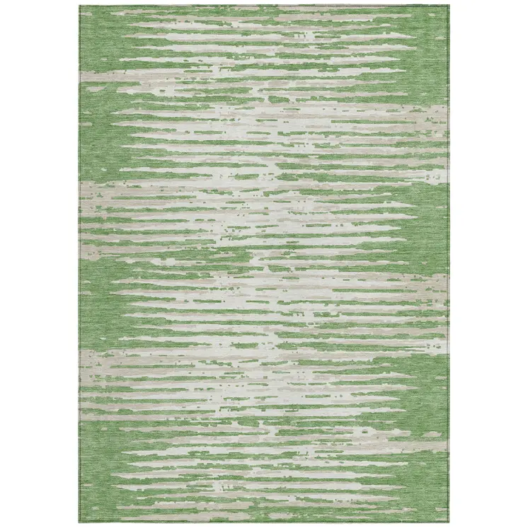 9' X 12' Green And Ivory Striped Washable Indoor Outdoor Area Rug
