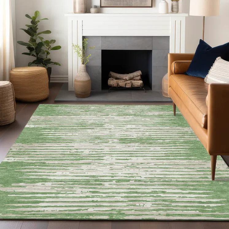 9' X 12' Green And Ivory Striped Washable Indoor Outdoor Area Rug