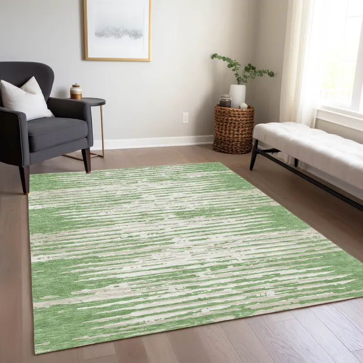 9' X 12' Green And Ivory Striped Washable Indoor Outdoor Area Rug