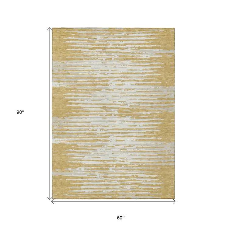 5' X 8' Gold Gray And Beige Striped Washable Indoor Outdoor Area Rug