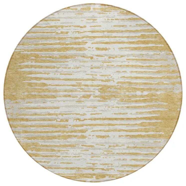 8' Gold Gray And Beige Round Striped Washable Indoor Outdoor Area Rug