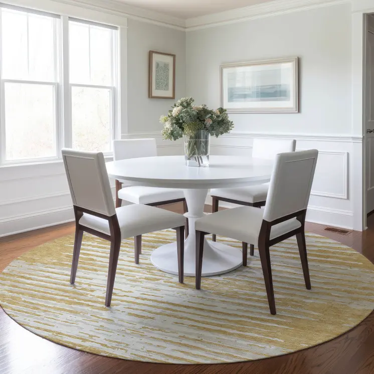 8' Gold Gray And Beige Round Striped Washable Indoor Outdoor Area Rug