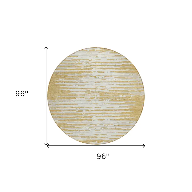 8' Gold Gray And Beige Round Striped Washable Indoor Outdoor Area Rug