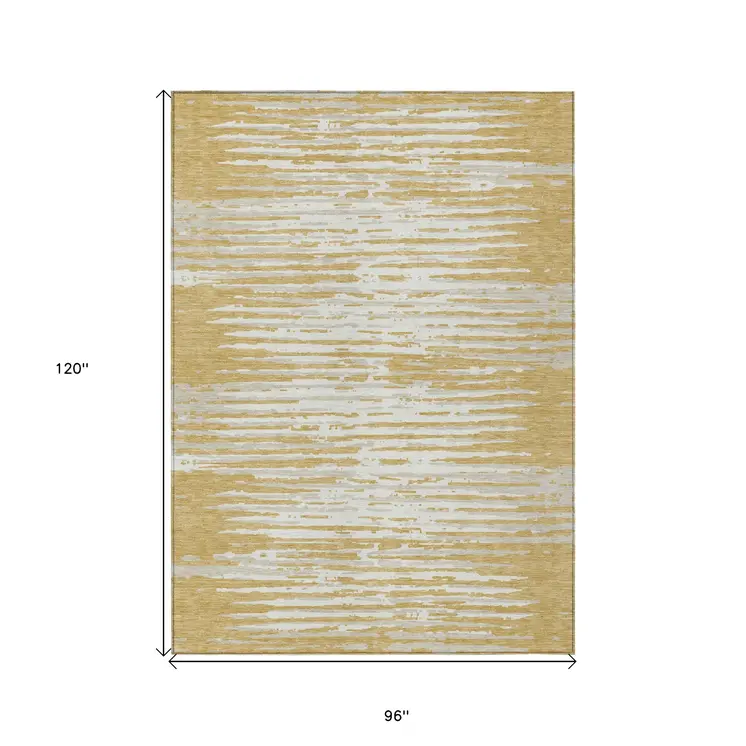 8' X 10' Gold Gray And Beige Striped Washable Indoor Outdoor Area Rug