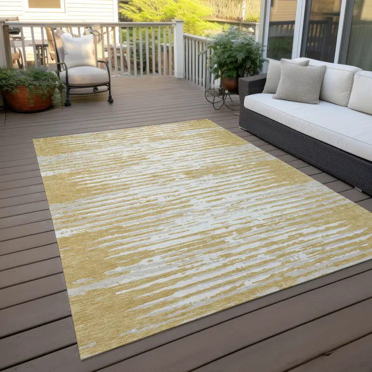 8' X 10' Gold Gray And Beige Striped Washable Indoor Outdoor Area Rug