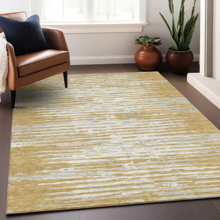 8' X 10' Gold Gray And Beige Striped Washable Indoor Outdoor Area Rug