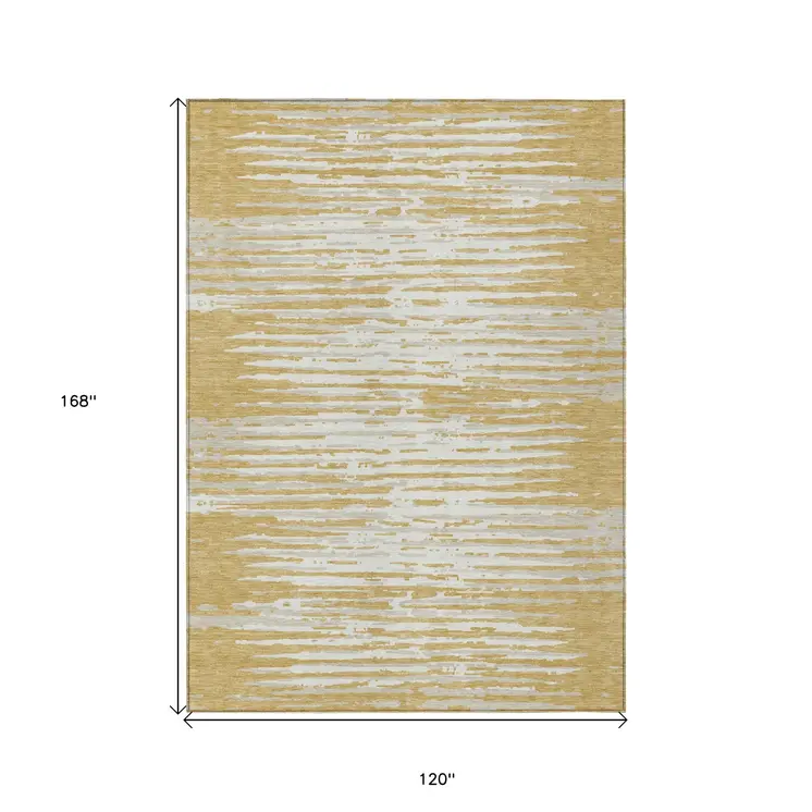 10' X 14' Gold Gray And Beige Striped Washable Indoor Outdoor Area Rug