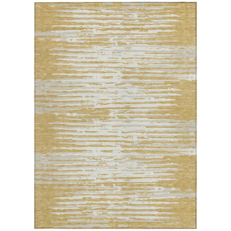 10' X 14' Gold Gray And Beige Striped Washable Indoor Outdoor Area Rug