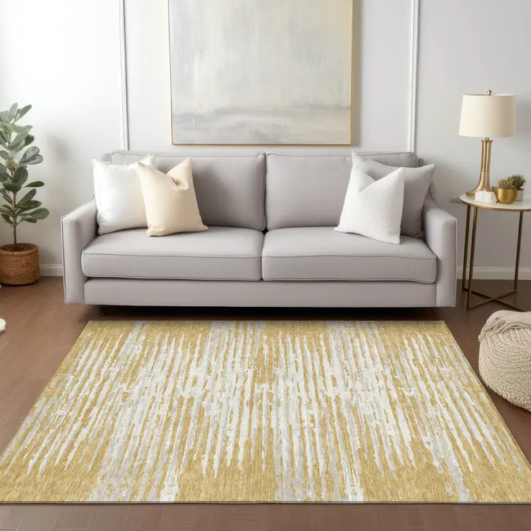 10' X 14' Gold Gray And Beige Striped Washable Indoor Outdoor Area Rug