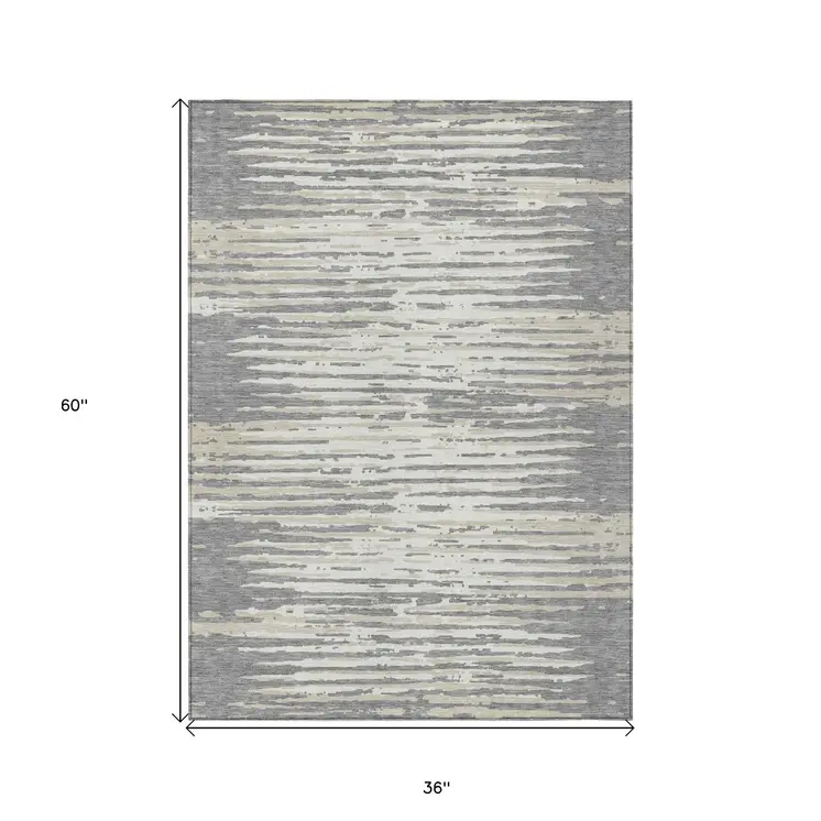 3' X 5' Gray And Ivory Striped Washable Indoor Outdoor Area Rug