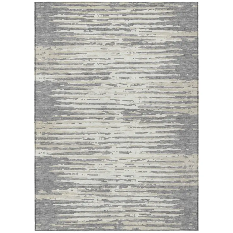 3' X 5' Gray And Ivory Striped Washable Indoor Outdoor Area Rug