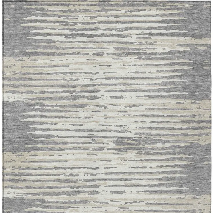 3' X 5' Gray And Ivory Striped Washable Indoor Outdoor Area Rug