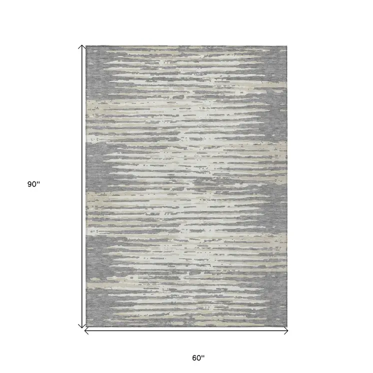 5' X 8' Gray And Ivory Striped Washable Indoor Outdoor Area Rug