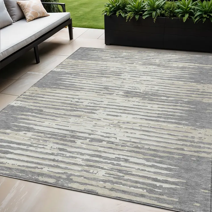 5' X 8' Gray And Ivory Striped Washable Indoor Outdoor Area Rug