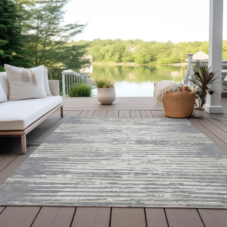 5' X 8' Gray And Ivory Striped Washable Indoor Outdoor Area Rug