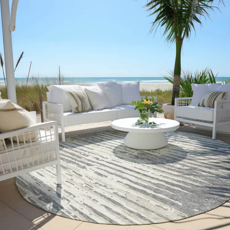 8' Gray And Ivory Round Striped Washable Indoor Outdoor Area Rug