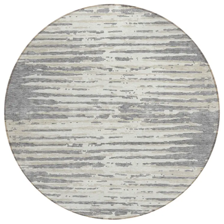 8' Gray And Ivory Round Striped Washable Indoor Outdoor Area Rug