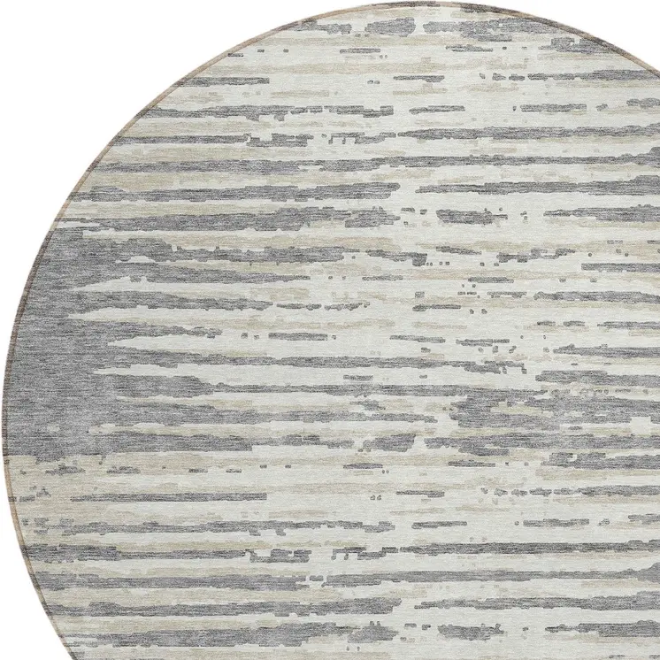 8' Gray And Ivory Round Striped Washable Indoor Outdoor Area Rug