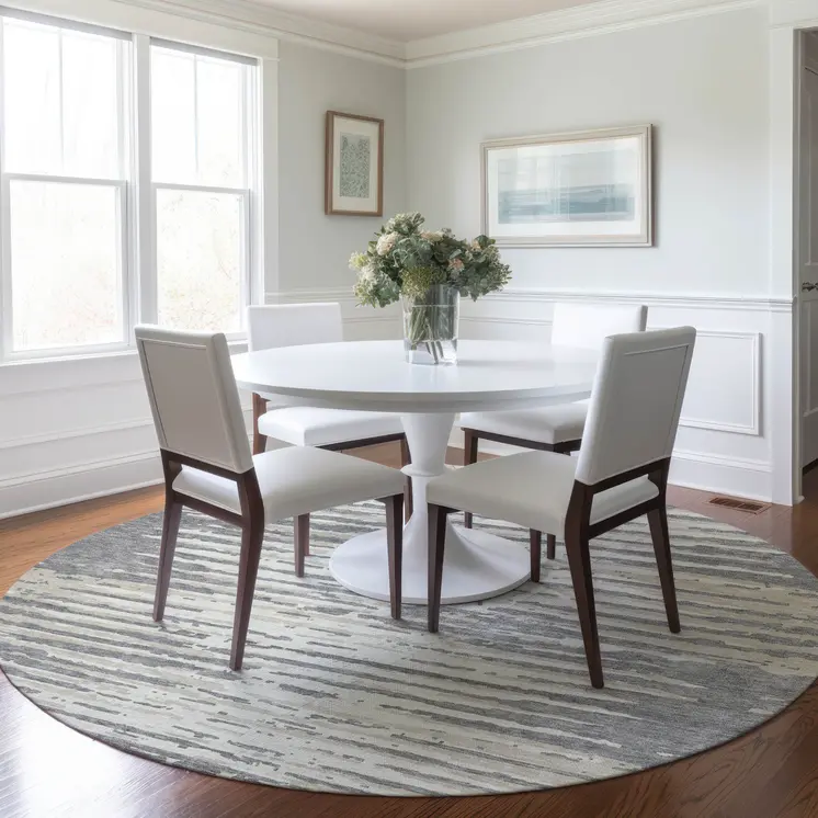 8' Gray And Ivory Round Striped Washable Indoor Outdoor Area Rug