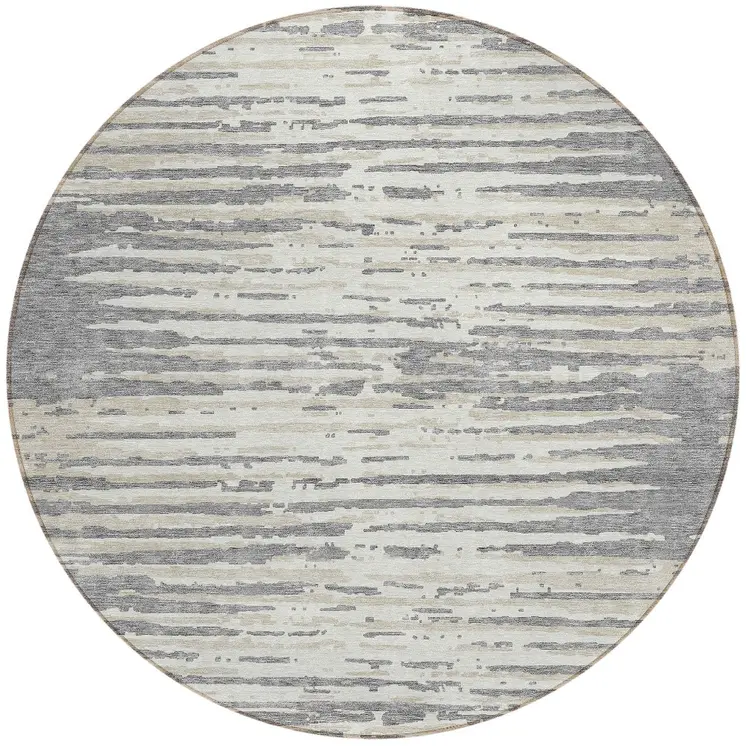 8' Gray And Ivory Round Striped Washable Indoor Outdoor Area Rug