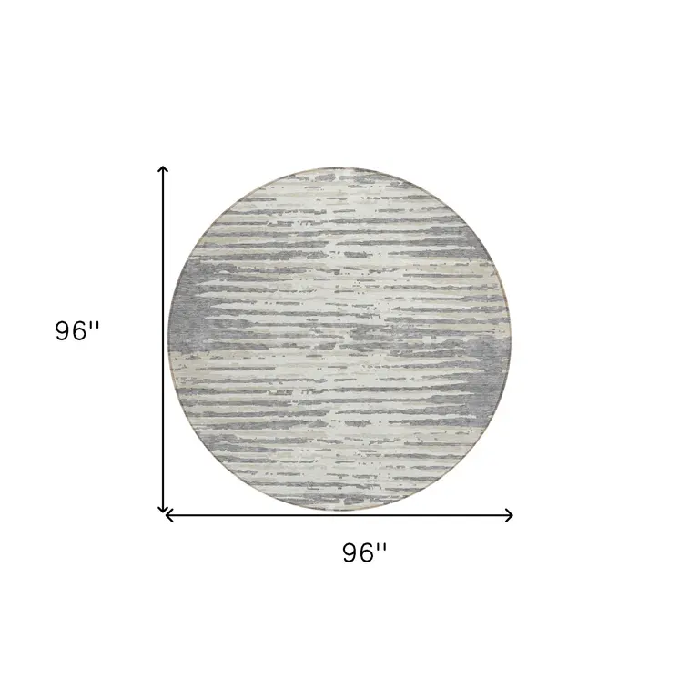 8' Gray And Ivory Round Striped Washable Indoor Outdoor Area Rug