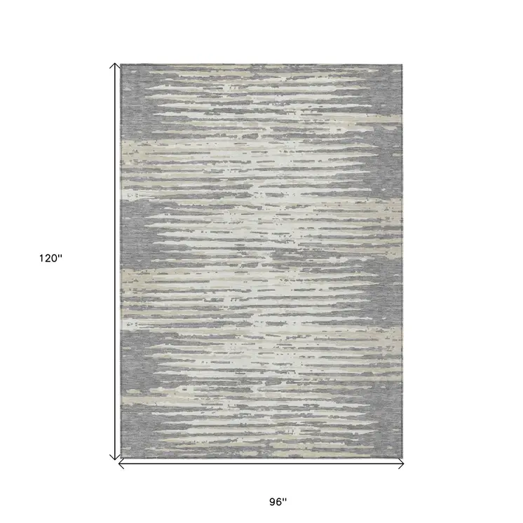 8' X 10' Gray And Ivory Striped Washable Indoor Outdoor Area Rug