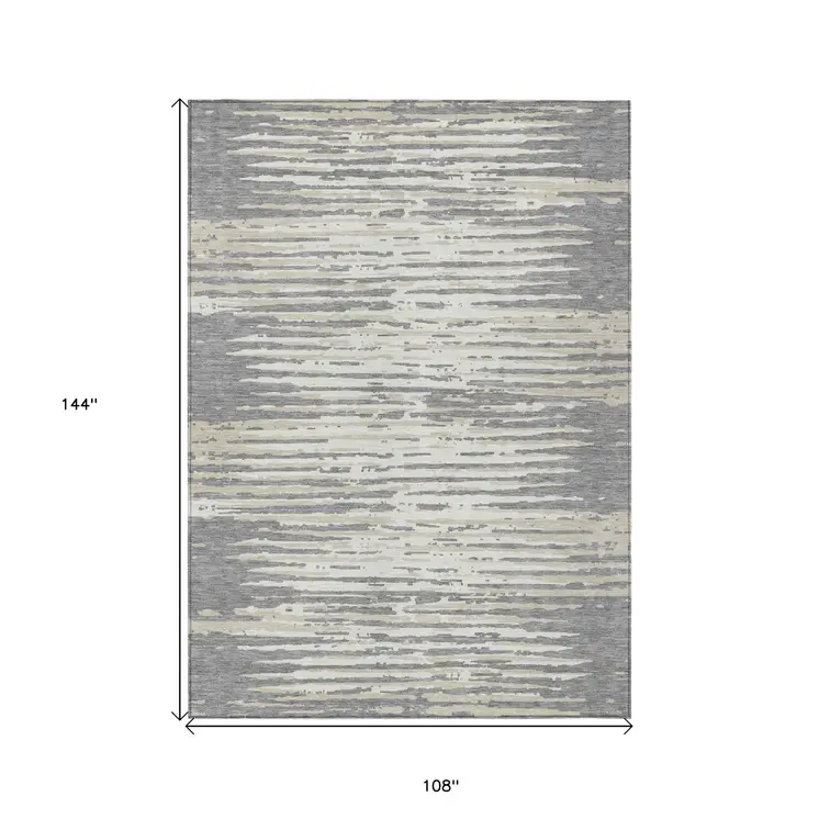 9' X 12' Gray And Ivory Striped Washable Indoor Outdoor Area Rug