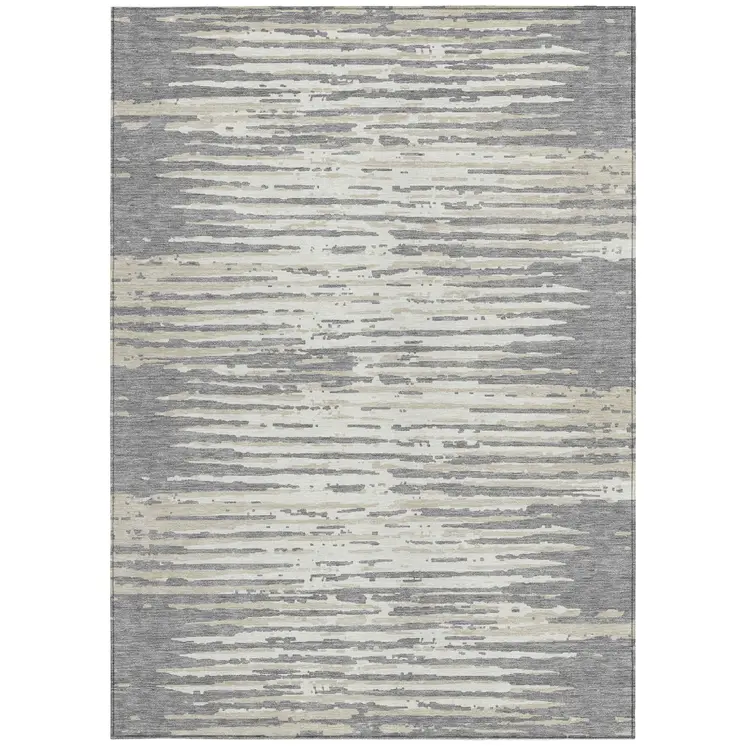 10' X 14' Gray And Ivory Striped Washable Indoor Outdoor Area Rug