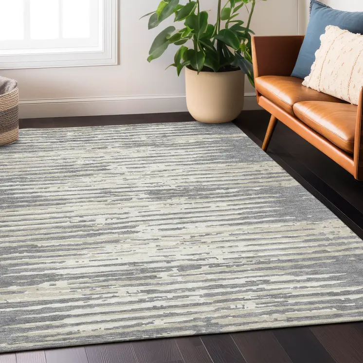 10' X 14' Gray And Ivory Striped Washable Indoor Outdoor Area Rug