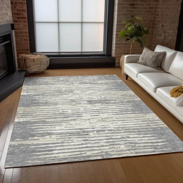 10' X 14' Gray And Ivory Striped Washable Indoor Outdoor Area Rug