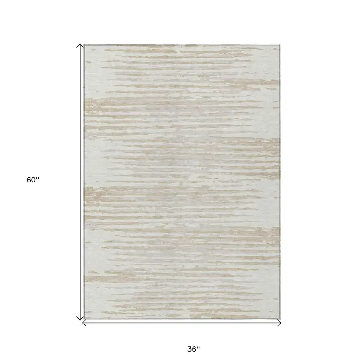 3' X 5' Ivory And Beige Striped Washable Indoor Outdoor Area Rug