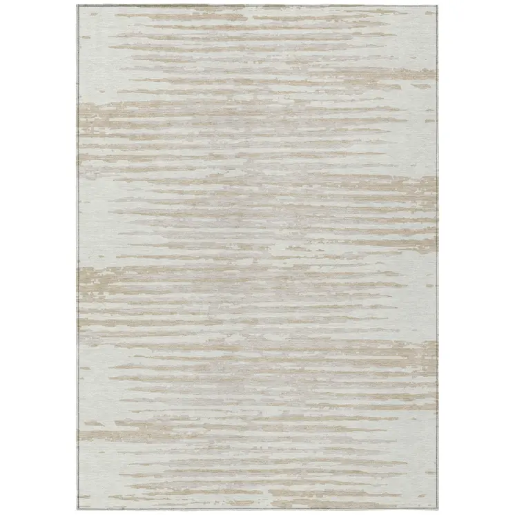 3' X 5' Ivory And Beige Striped Washable Indoor Outdoor Area Rug