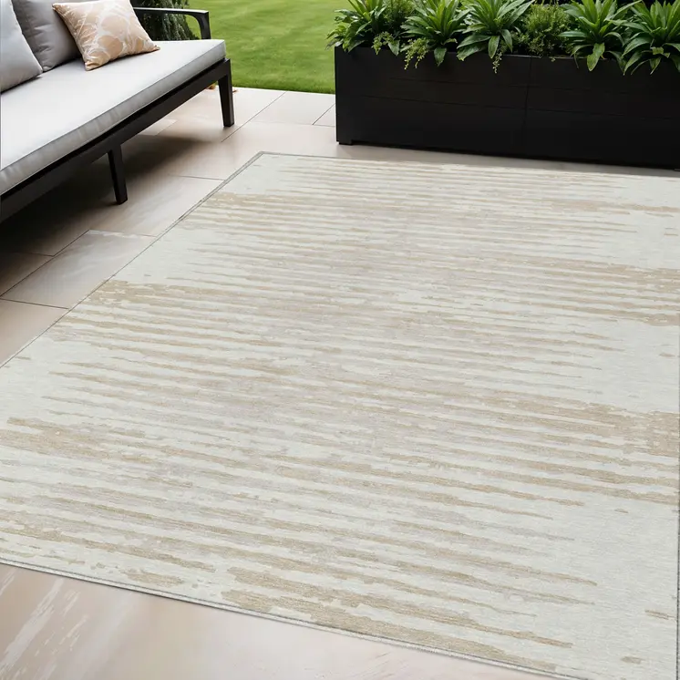 5' X 8' Ivory And Beige Striped Washable Indoor Outdoor Area Rug