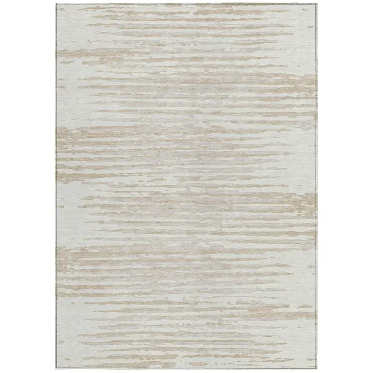 5' X 8' Ivory And Beige Striped Washable Indoor Outdoor Area Rug