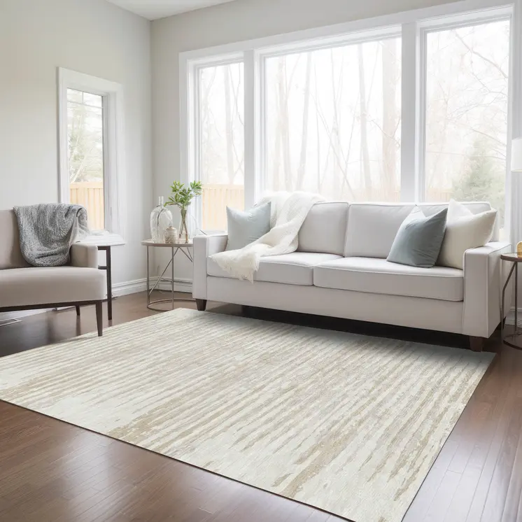 5' X 8' Ivory And Beige Striped Washable Indoor Outdoor Area Rug