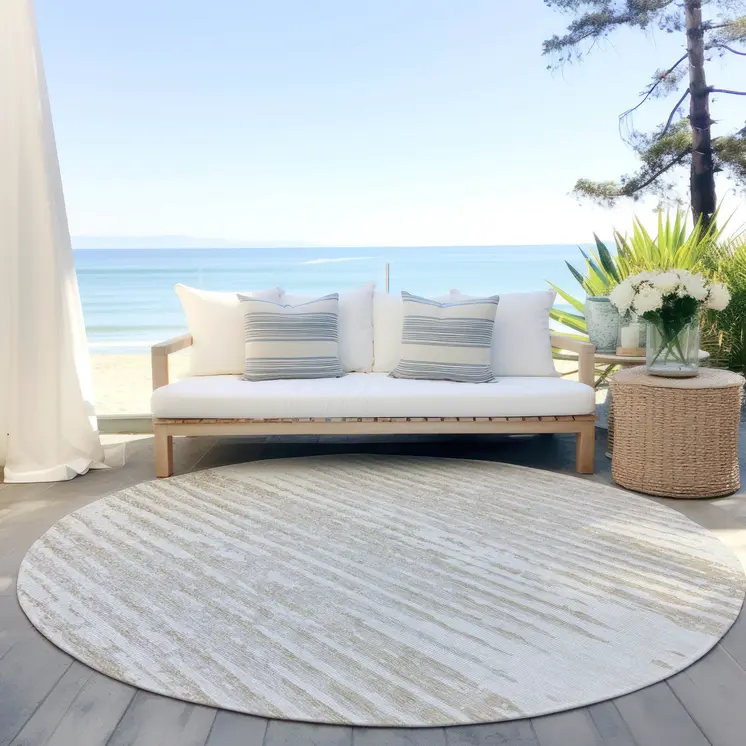 8' Ivory And Beige Round Striped Washable Indoor Outdoor Area Rug