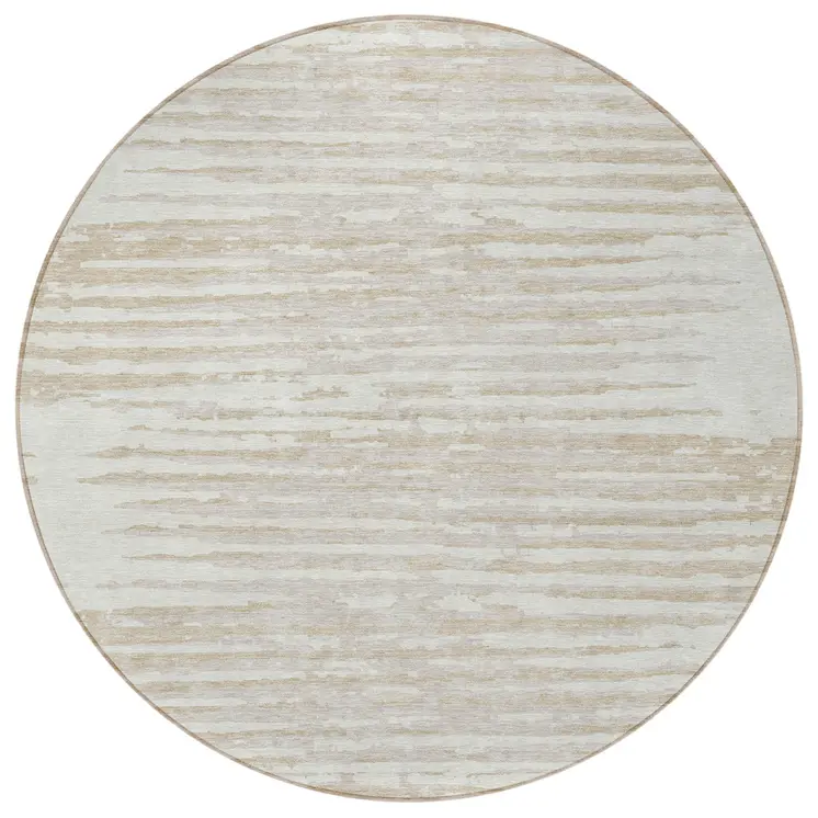 8' Ivory And Beige Round Striped Washable Indoor Outdoor Area Rug