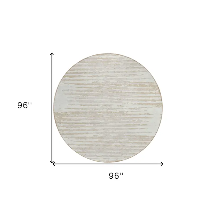 8' Ivory And Beige Round Striped Washable Indoor Outdoor Area Rug