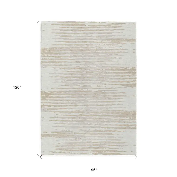 8' X 10' Ivory And Beige Striped Washable Indoor Outdoor Area Rug