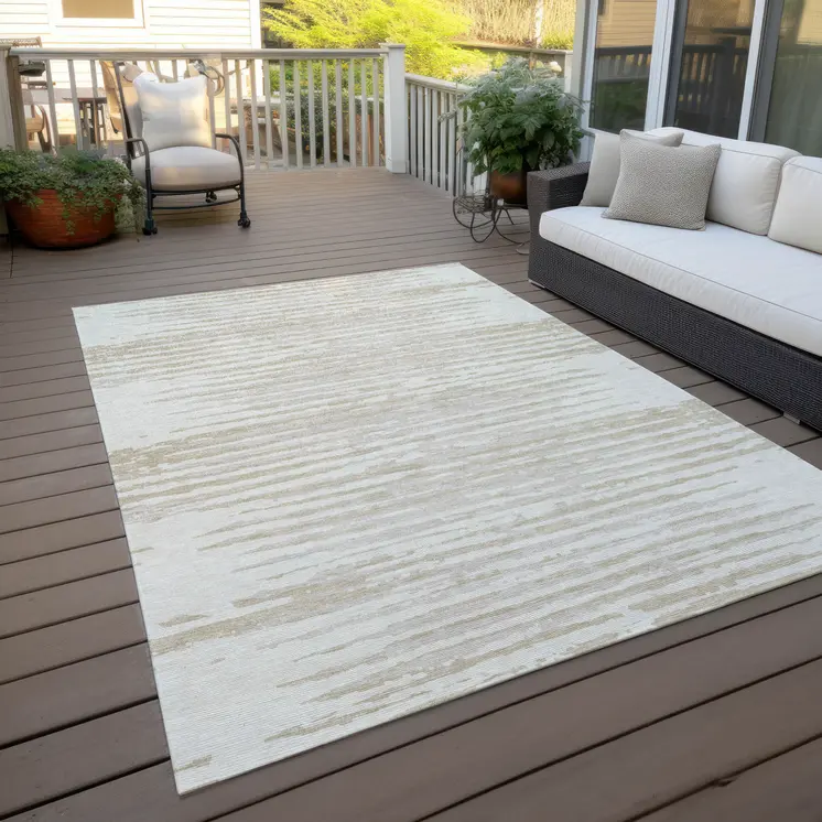 8' X 10' Ivory And Beige Striped Washable Indoor Outdoor Area Rug