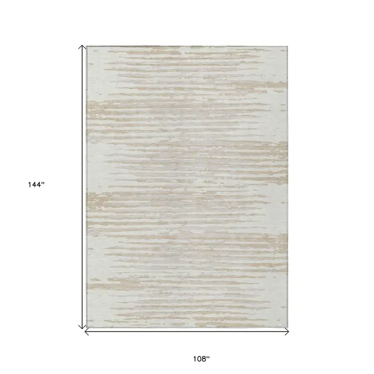 9' X 12' Ivory And Beige Striped Washable Indoor Outdoor Area Rug
