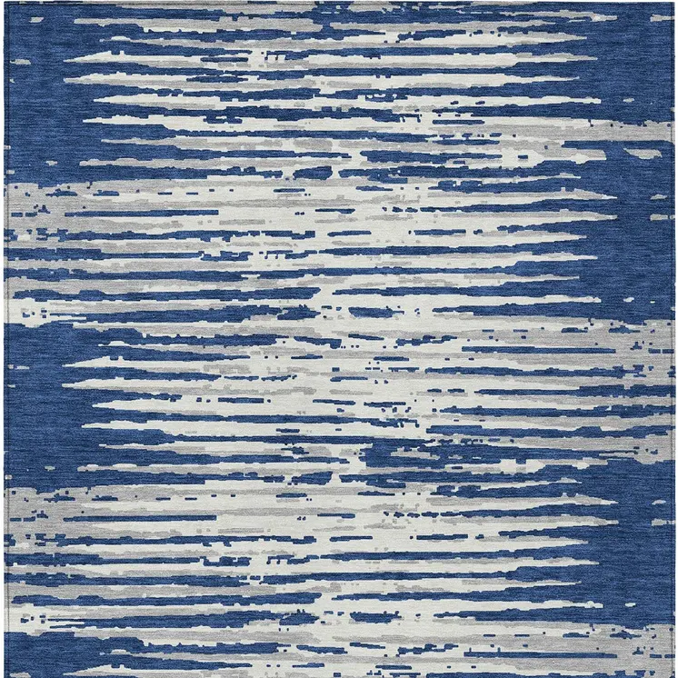 3' X 5' Navy Blue And Ivory Striped Washable Indoor Outdoor Area Rug