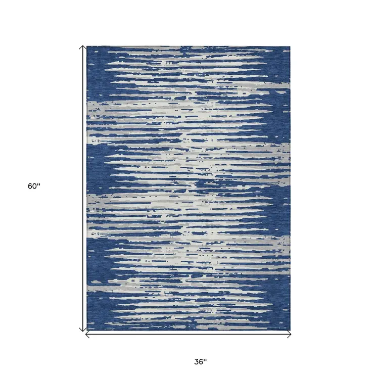 3' X 5' Navy Blue And Ivory Striped Washable Indoor Outdoor Area Rug