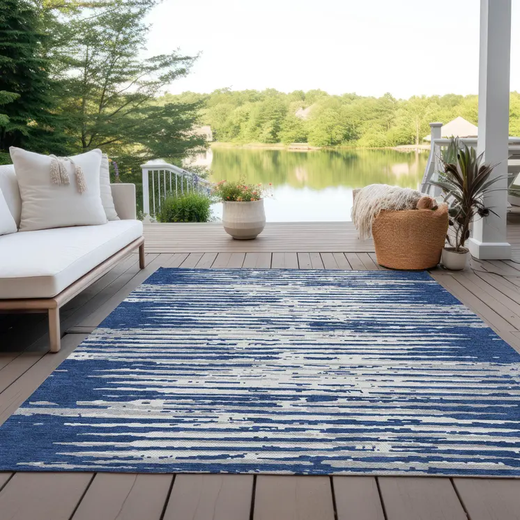3' X 5' Navy Blue And Ivory Striped Washable Indoor Outdoor Area Rug