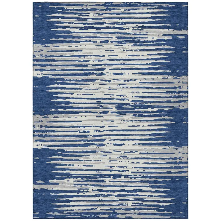 3' X 5' Navy Blue And Ivory Striped Washable Indoor Outdoor Area Rug